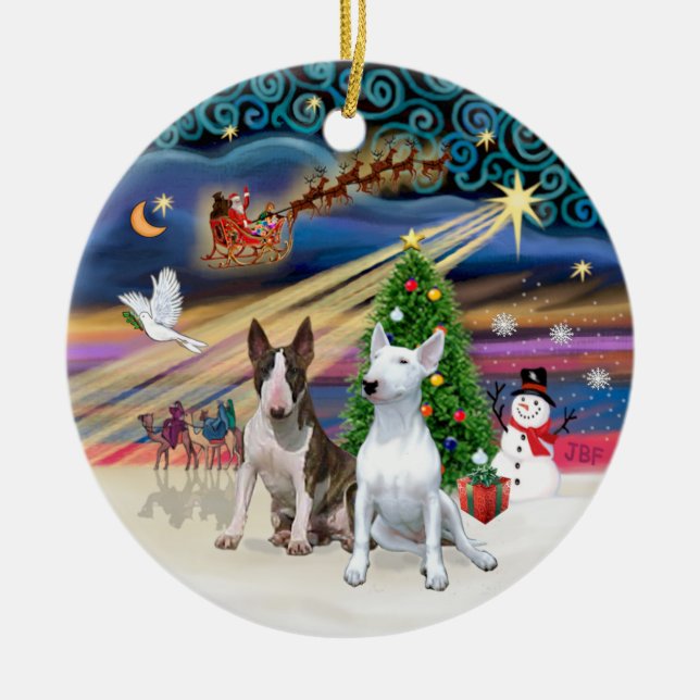 Ornamento De Cerâmica Mágica do Xmas - Bull Terriers (dois) (Frente)