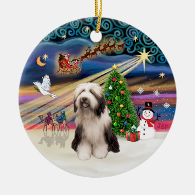 Ornamento De Cerâmica Mágica do Xmas - Collie com barba (P) (Frente)