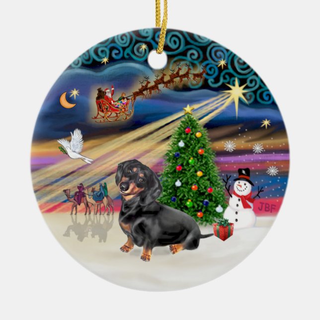 Ornamento De Cerâmica Mágica do Xmas - Dachshund (preto-tan 4) (Frente)