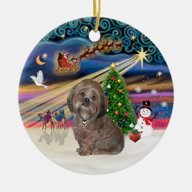 Ornamento De Cerâmica Mágica do Xmas - Lhasa Apso (castanho) (Frente)