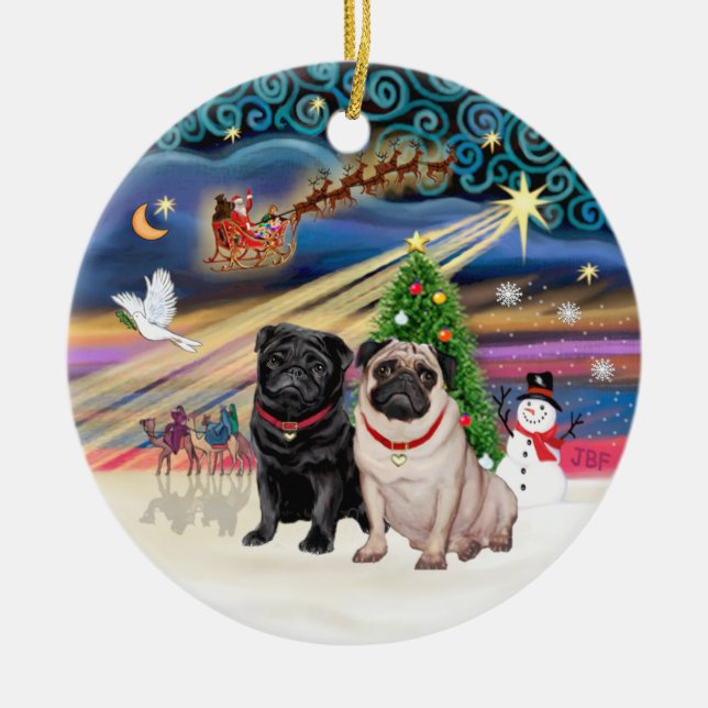 Ornamento De Cerâmica Mágica do Xmas - Pugs (duas folhas + preto) (Frente)