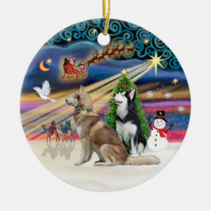 Ornamento De Cerâmica Mágica Xmas - Huskys Siberianos (Vermelho + BW)
