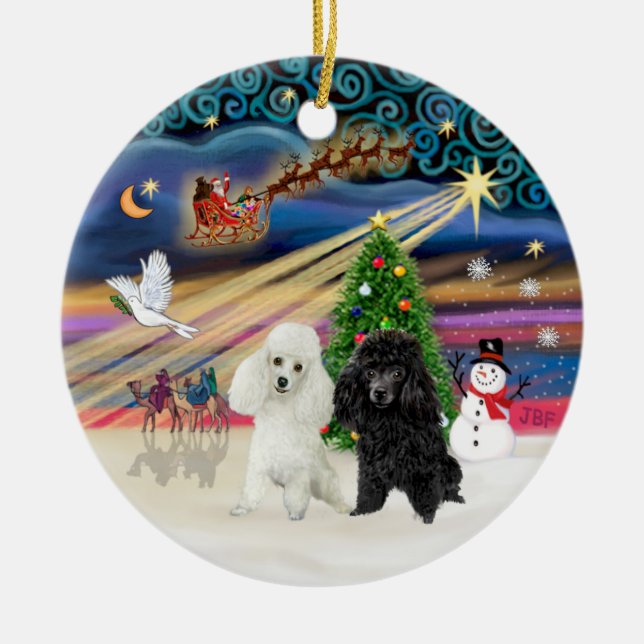 Ornamento De Cerâmica Mágica Xmas - Poodles (DOIS brinquedos-BW) (Frente)