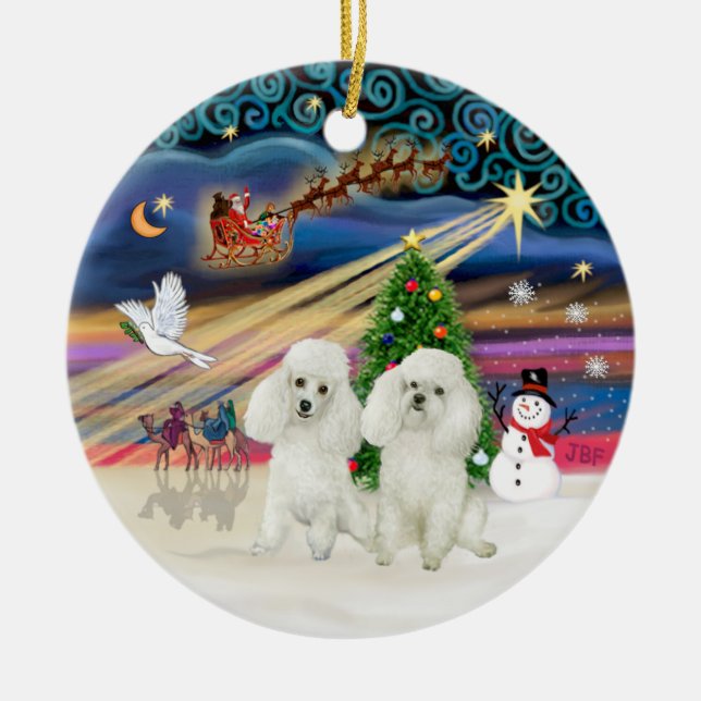 Ornamento De Cerâmica Mágica Xmas - Poodles (DUAS Brinquedos brancos) (Frente)