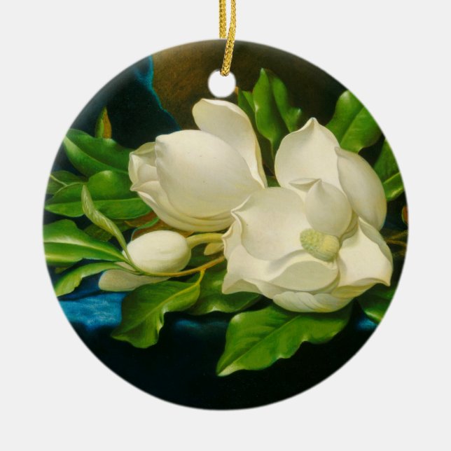 Ornamento De Cerâmica Magnolias gigantes em um pano veludo azul (Heade) (Frente)