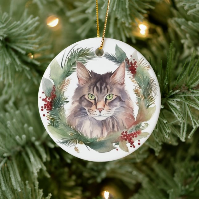 Ornamento De Cerâmica Maine Coon Cat Wreath Festivo Kitten (Árvore)