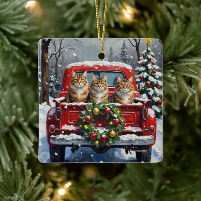 Ornamento De Cerâmica Maine Coon Christmas Red Truck Holiday (Árvore)