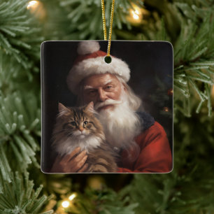 Ornamento De Cerâmica Maine Coon Com Papai Noel Festivo Natal 