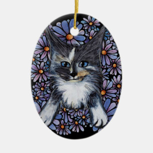 Ornamento De Cerâmica Maine Coon Dilute Calico Cat Purple Daisy
