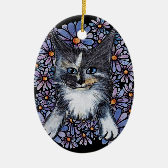 Ornamento De Cerâmica Maine Coon Dilute Calico Cat Purple Daisy (Frente)