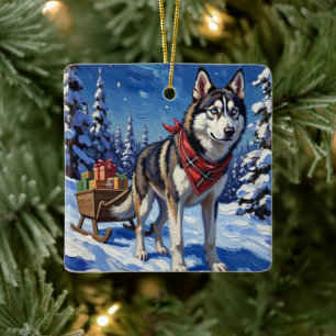 Ornamento De Cerâmica Majestoso Husky Siberiano Puxando Trenó de Natal