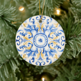 Ornamento De Cerâmica Majolica: Azul e Dourado