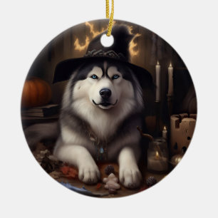 Ornamento De Cerâmica Malamute do Alasca Abóboras Dia das Bruxas Assusta