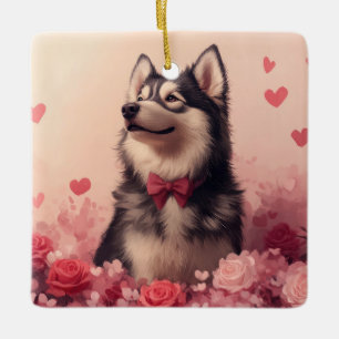 Ornamento De Cerâmica Malamute do Alasca com Rosas - Dia dos Namorados
