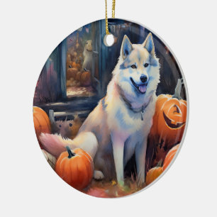 Ornamento De Cerâmica Malamute do Alasca de Halloween com Abóboras Assus