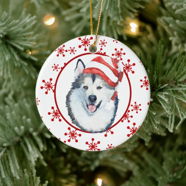 Ornamento De Cerâmica Malamute Santa Hat Snowflake Ornament Cerâmico (Árvore)