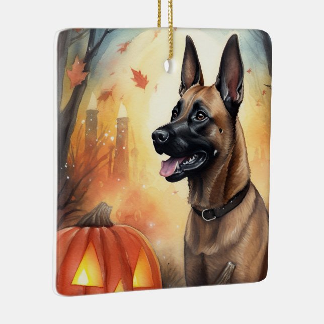 Ornamento De Cerâmica Malinoi Belga Halloween Com Pumpkins Assustado (Direito )