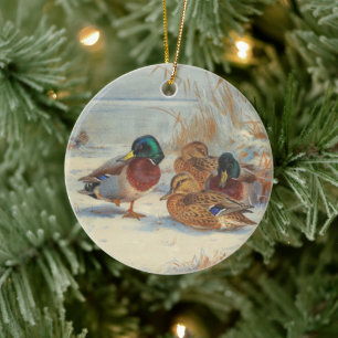 Ornamento De Cerâmica Mallard e chalé na neve, Aves