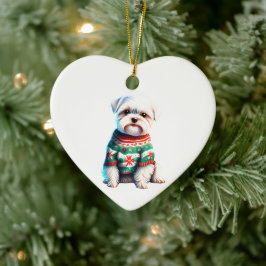 Ornamento De Cerâmica Maltês personalizado no suéter de Natal