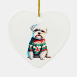 Ornamento De Cerâmica Maltês personalizado no suéter de Natal