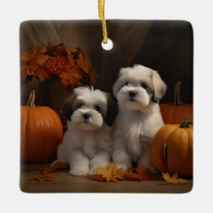 Ornamento De Cerâmica Malti tzu Cachorro Outono Delícia Abóbora
