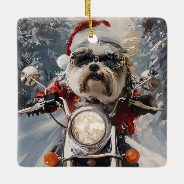 Ornamento De Cerâmica Malti Tzu Dog Roda Moto Natal (Frente)