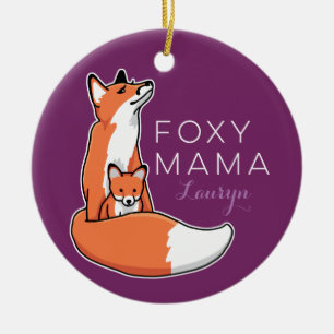 Ornamento De Cerâmica Mama Foxy Fox vermelho com o filhote de cachorro,