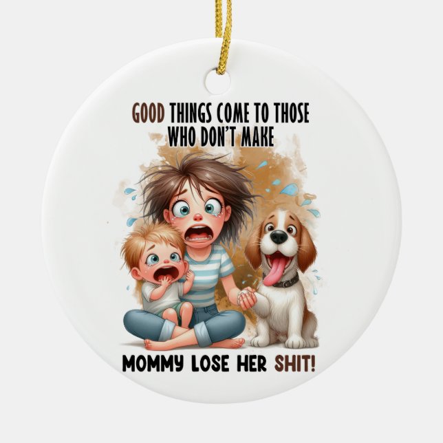 ORNAMENTO DE CERÂMICA MAMÃE COM BEBÊ E CÃO ENGRAÇADO (Frente)