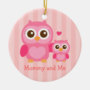 Ornamento De Cerâmica Mamãe e Eu, Coruja Bebê Fofa, Rosa