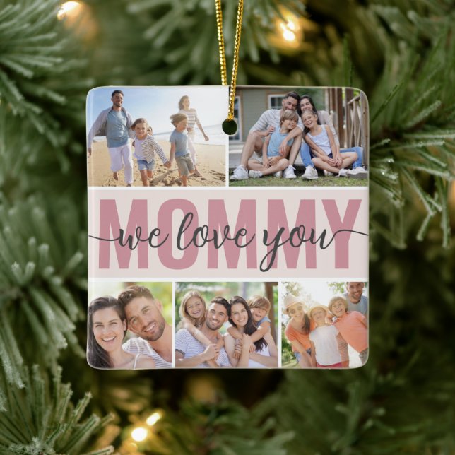 Ornamento De Cerâmica Mamãe Que Te Ama Foto Colagem Rosa 7 Fotografias (Árvore)