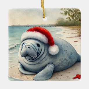 Ornamento De Cerâmica Manateio Personalizado com Santa Hat