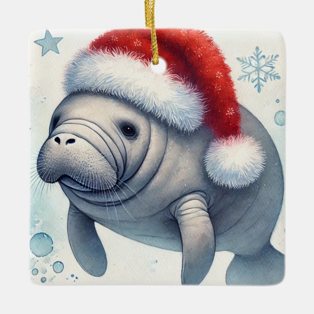 Ornamento De Cerâmica Manateio Personalizado com Santa Hat (Frente)