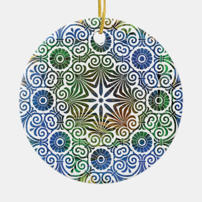 Ornamento De Cerâmica Mandala Azul e Verde (Frente)