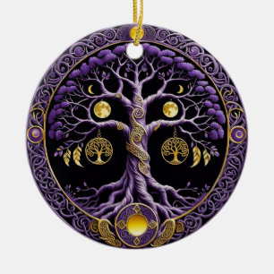 Ornamento De Cerâmica Mandalá da Árvore da Vida Roxo e Dourado