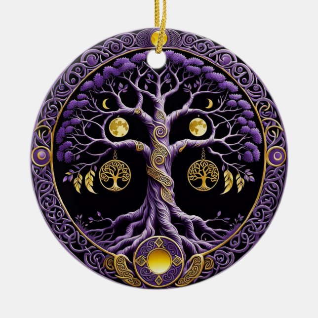 Ornamento De Cerâmica Mandalá da Árvore da Vida Roxo e Dourado (Frente)