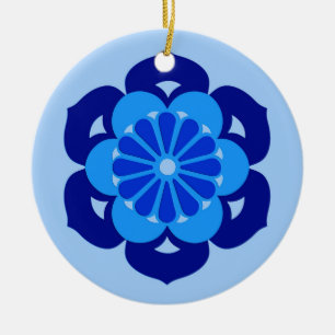 Ornamento De Cerâmica Mandala da flor de Lotus, índigo e luz - azul