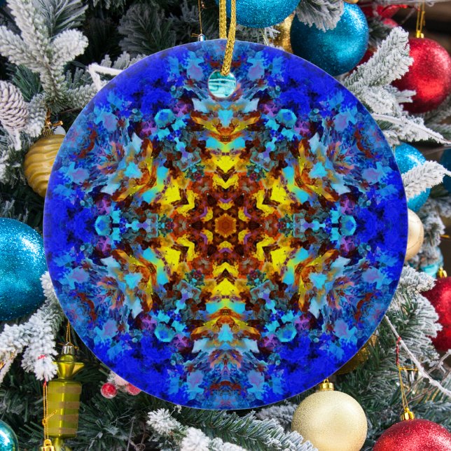 Ornamento De Cerâmica Mandala digital amarelo e azul (Criador carregado)