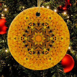 Ornamento De Cerâmica Mandala digital amarelo e preto