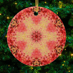 Ornamento De Cerâmica Mandala digital amarelo, rosa e vermelho