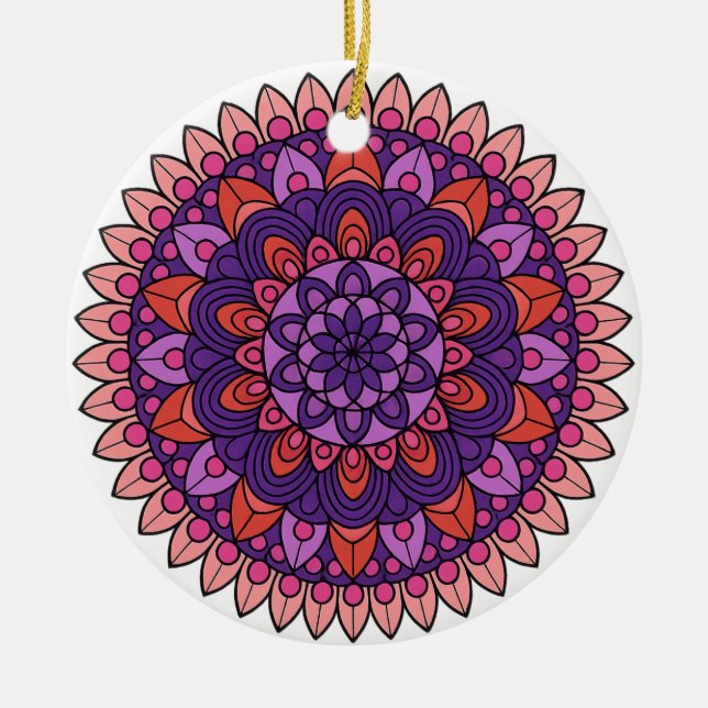 Ornamento De Cerâmica Mandala roxa e rosa (Frente)