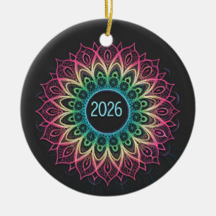 Ornamento De Cerâmica Mandalala Fractal Psicodélico de 2026 com Neon