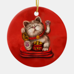 Ornamento De Cerâmica Maneki-neko Beckoning em vermelho