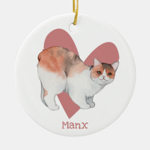 Ornamento De Cerâmica Manx Cat Watercolor Gatinho Coração Rosa