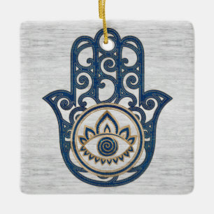 Ornamento De Cerâmica Mão de Hamsa - mão da madeira do azul de Fatima