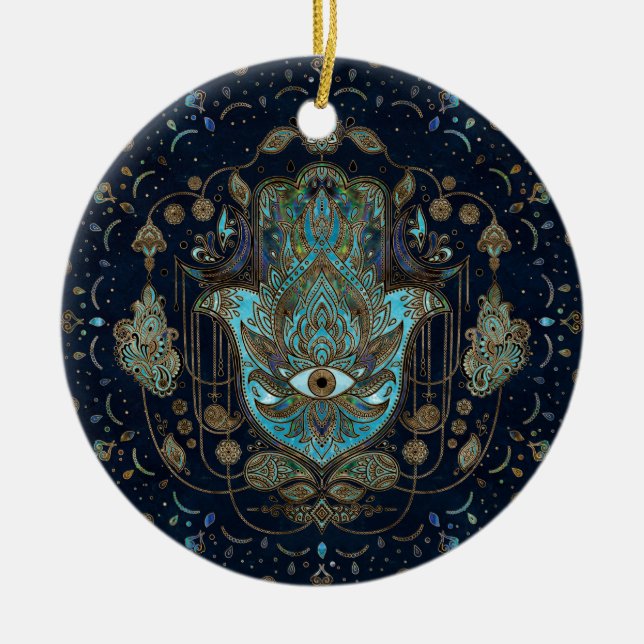 Ornamento De Cerâmica Mão de Hamsa - Mão de Gemstones Azuis de Fátima (Frente)