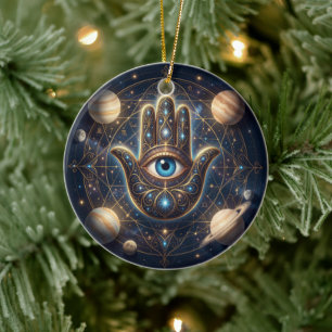 Ornamento De Cerâmica Mão Hamsa Celestial e Olho Mau Proteção Cósmica