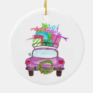 Ornamento De Cerâmica Mão pintada de aquarela Carro de Natal