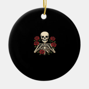 Ornamento De Cerâmica Mãos do Coração do Esqueleto com Rosas vermelhas -