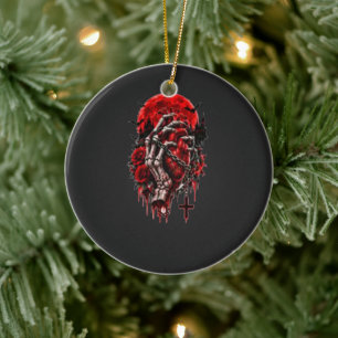 Ornamento De Cerâmica Mãos Esqueléticas Góticas Rosas Vermelhas Hallowee