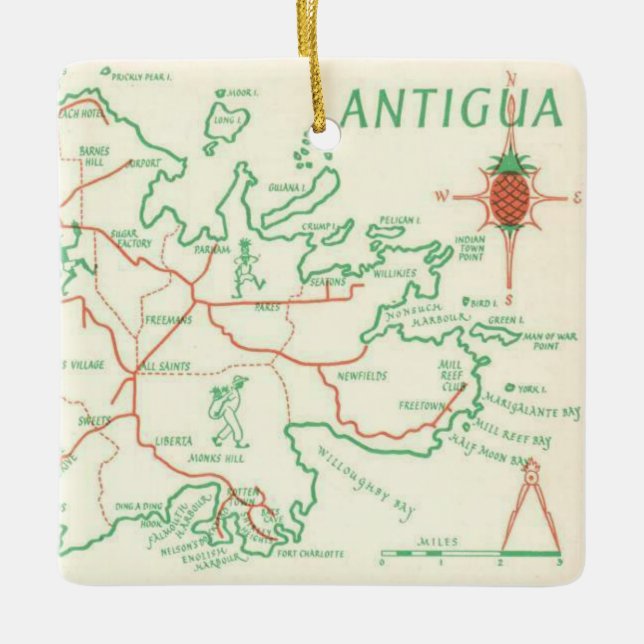 Ornamento De Cerâmica Mapa Antigo da Ilha de Antigua (Frente)